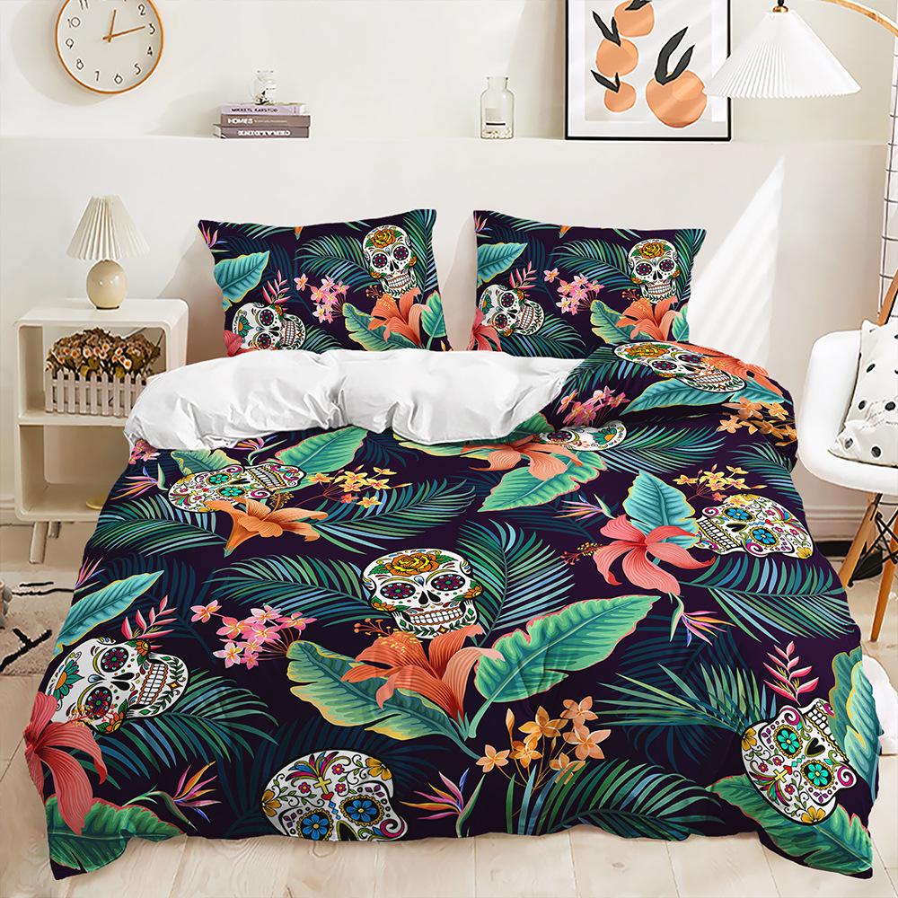 Three-Piece 3D Quilt Cover Rose Skull Dark Wind Kit Bedding