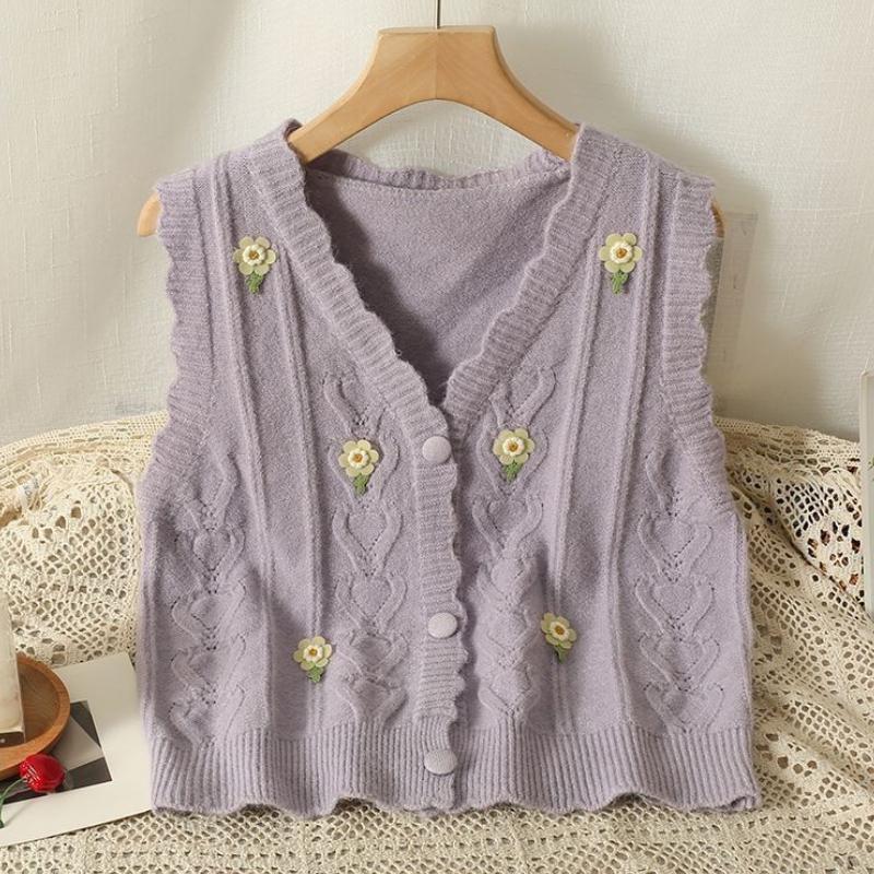 Women's Floral Embroidered Knitted Vest Cardigan for Outer Wear Autumn and Winter Style Loose Age-Reducing Lace Sleeveless Vest Top
