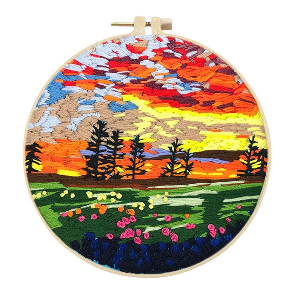 Halloween Stamped Cross Stitch Embroidery Kits with Hoop Cloth Color Thread for Beginners DIY Arts Ornament Cross Stitch Sets
