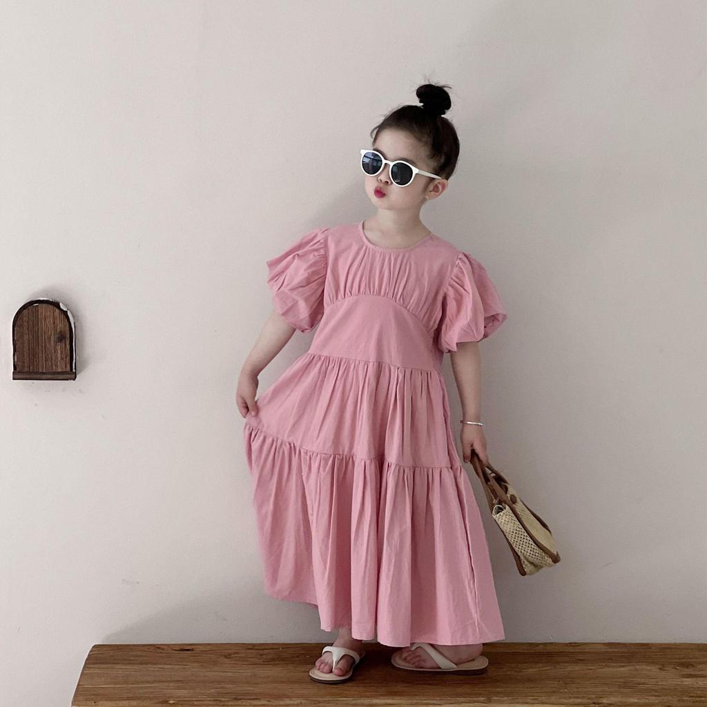 Summer 2025 Girls' Puff Sleeve Princess Dress – Korean Style Short Sleeve Big Skirt