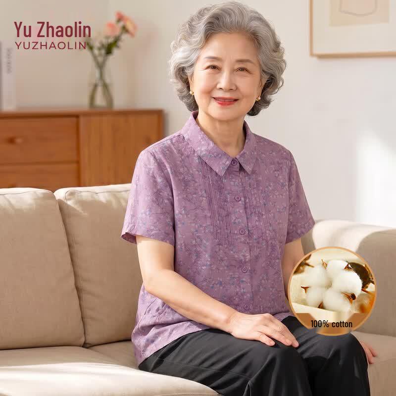 YUZHAOLIN Women s Floral 100% Cotton Short-Sleeve Blouse 4XL