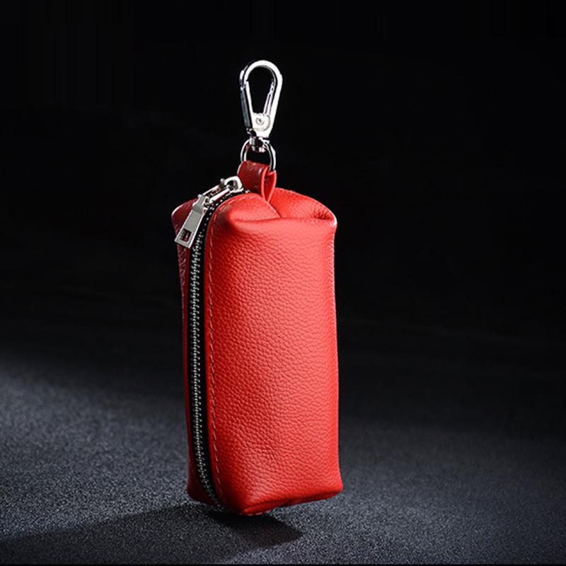 Genuine Leather Key Holder - Unisex Car/House Key Organizer Pouch with Long Keychain, Cow Split Leather Wallet Case