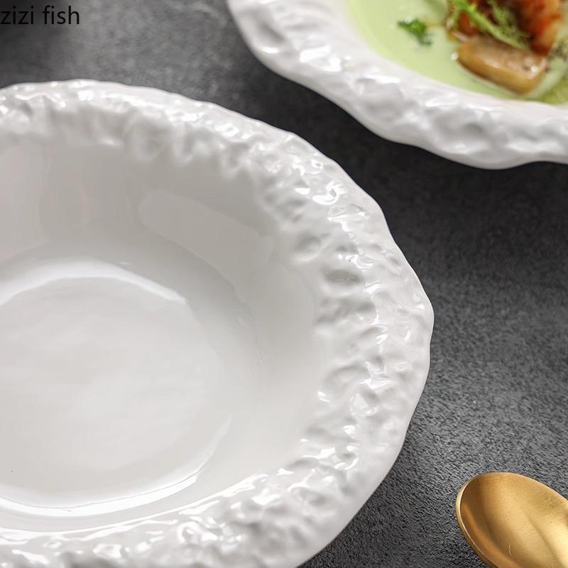 Creative Stone Pattern Edge Ceramic Plate Pure White Salad Plate Dessert Plate Thick Soup Plates Deep Plates Hotel Tableware