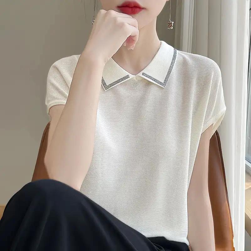 Nuova T-shirt Sottile a Maniche Corte All-Match Primaverile da Donna Nuova Maglietta Base da Donna Top Largo ed Elegante con Collo a Revers