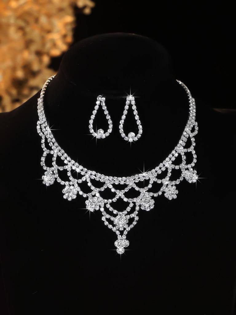 European Style Diamond-Inlaid Evening Necklace & Jewelry Set for Brides