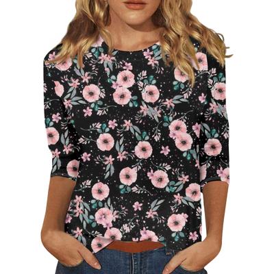 Γυναικείο Καλοκαιρινό Casual T-Shirt με Φλοράλ Σχέδιο, Στρογγυλή Λαιμόκοψη και Τρία Τέταρτα Μανίκια, Κομψά Top για την Καθημερινότητα
