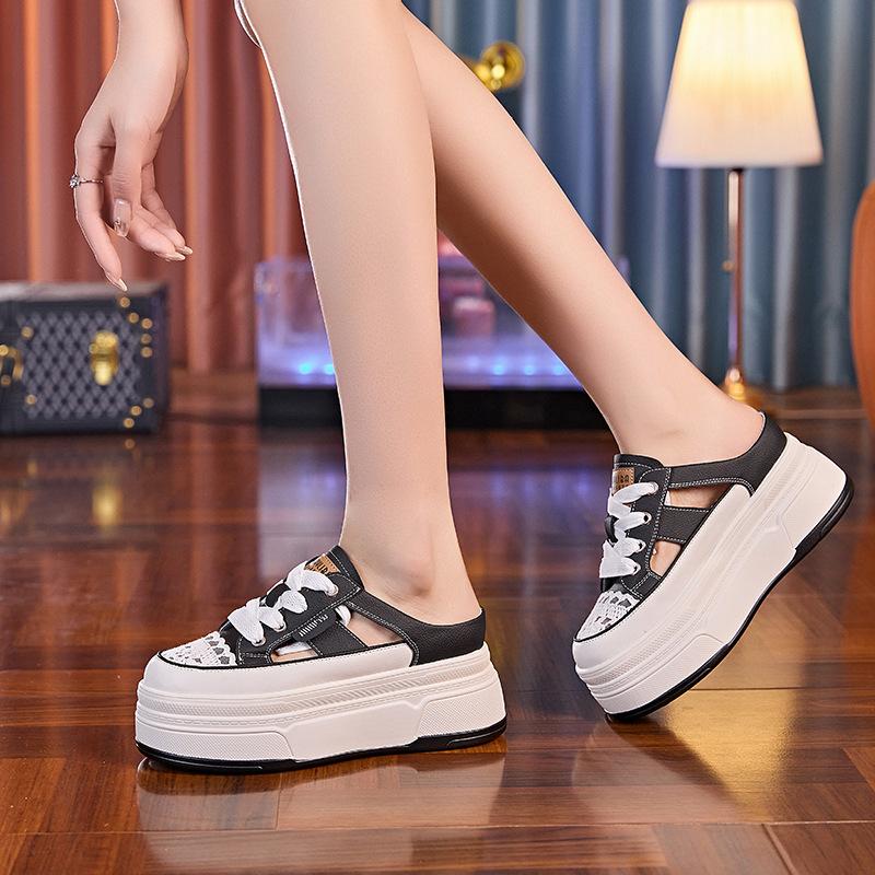 Half slippers women's 2025 summer new thick-soled versatile hollow leather fashion inner height increase bag head outer wear sandals women