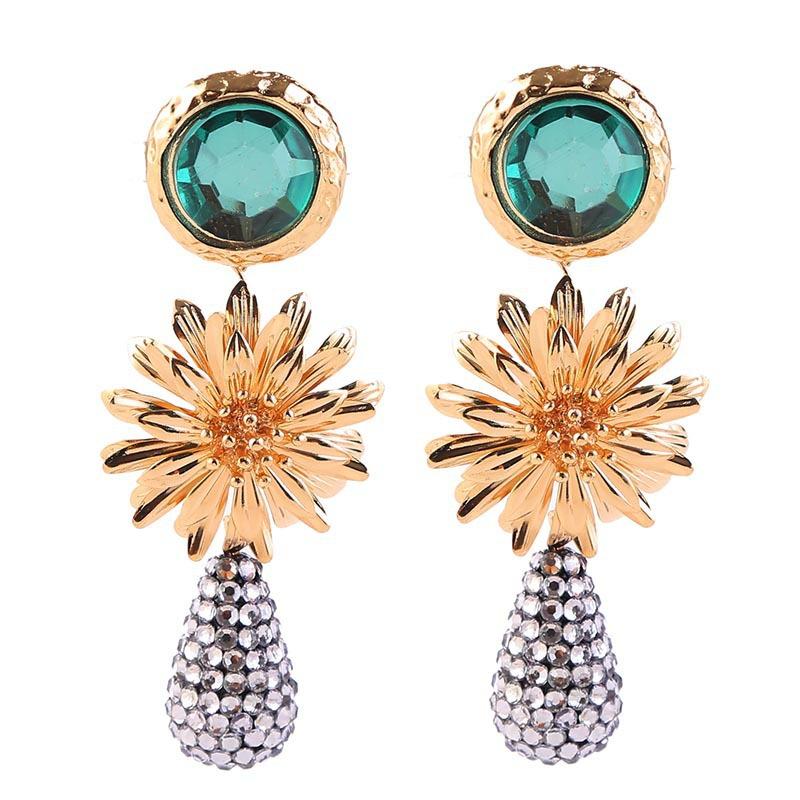 Fashion Alloy Sun Flower Drop Earrings for Women Party Bling Crystal Statement Bridal Drop Earrings Jewelry