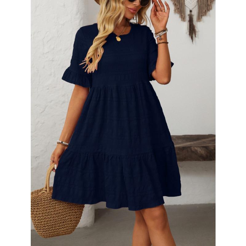 Women's Summer Casual Dress with Crew-neck and Flared Sleeves
