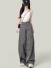 Women's Gray Wide-Leg Cargo Pants, Retro High-Waisted Slimming Jeans for Spring/Autumn 2025