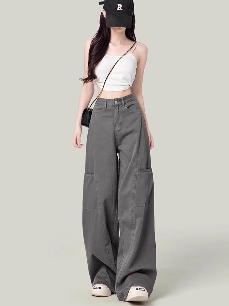 Women's Gray Wide-Leg Cargo Pants, Retro High-Waisted Slimming Jeans for Spring/Autumn 2025