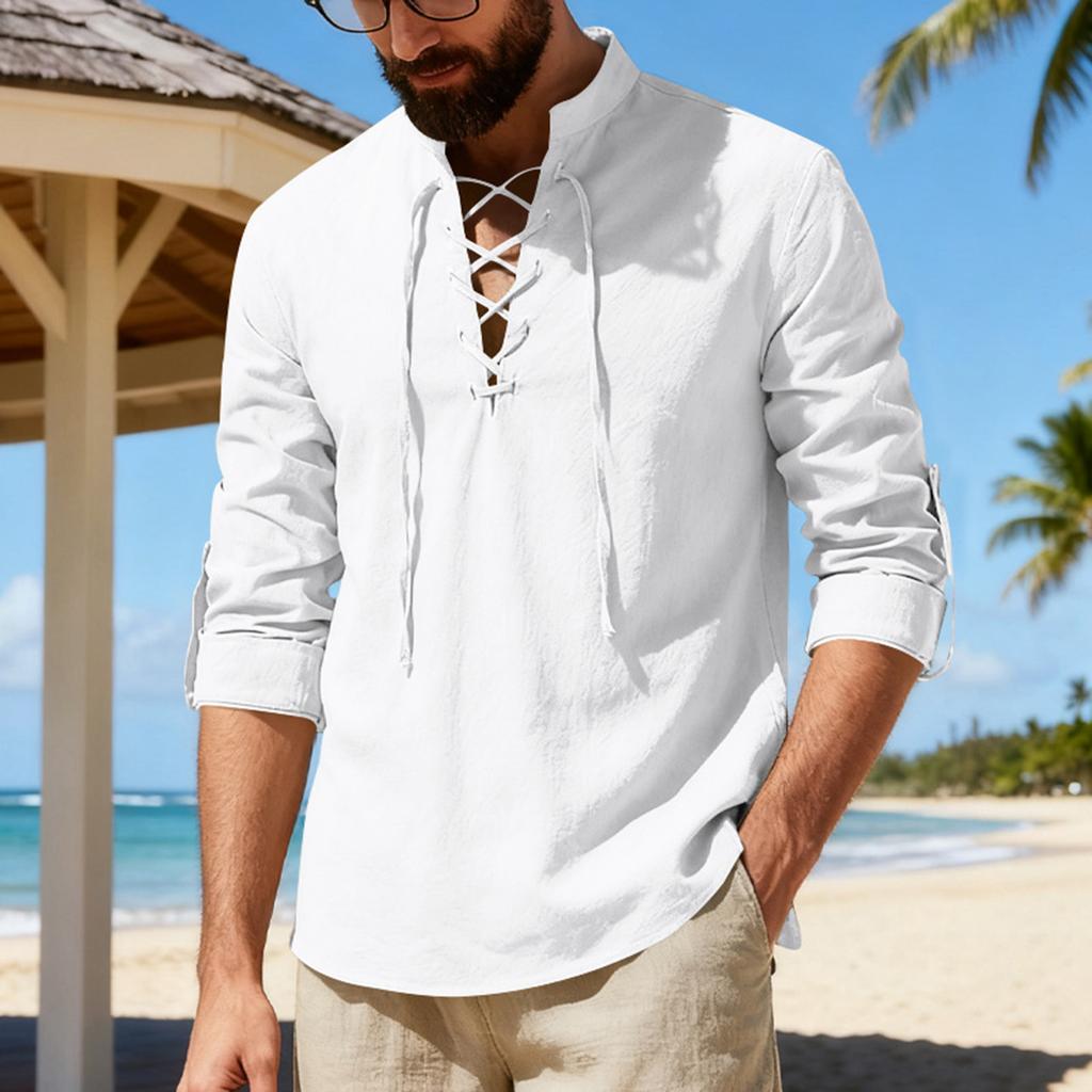Men's Collared Linen Shirt  Casual Sports Beach Long Sleeved Shirt