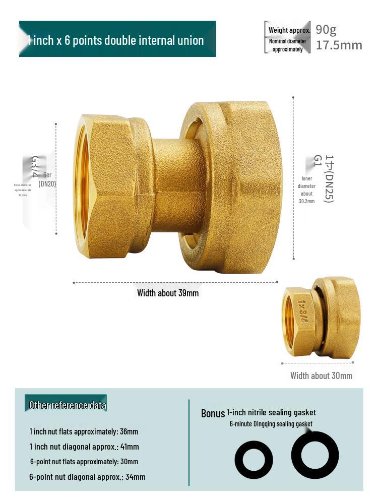 Reducing Copper Pipe Connector: Male/Female Threaded Union, 4 Points to 6 Points, 1 Inch