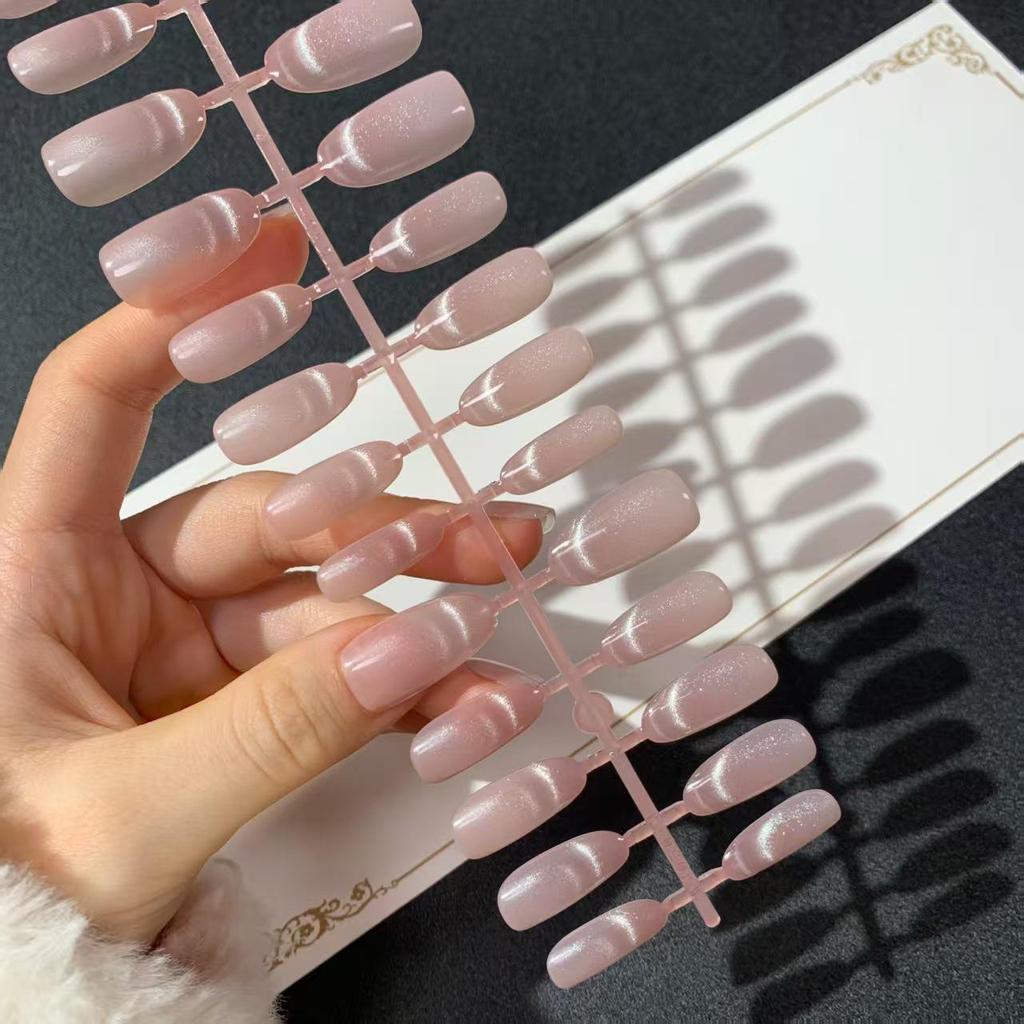 30 Pre-made Sized Wearable Nail Tips, French Blush Cat Eye Gradient, Semi-finished & Detachable