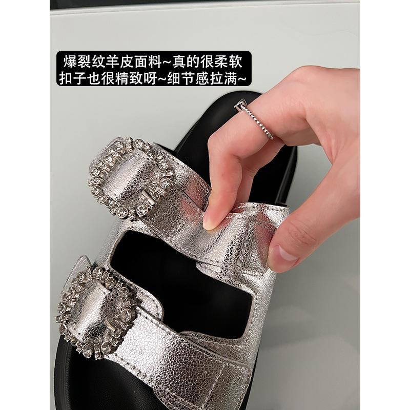 Sheepskin version~ High-value thick-bottomed casual one-word slippers for women's summer outer wear 2025 spring height-increasing cool slippers