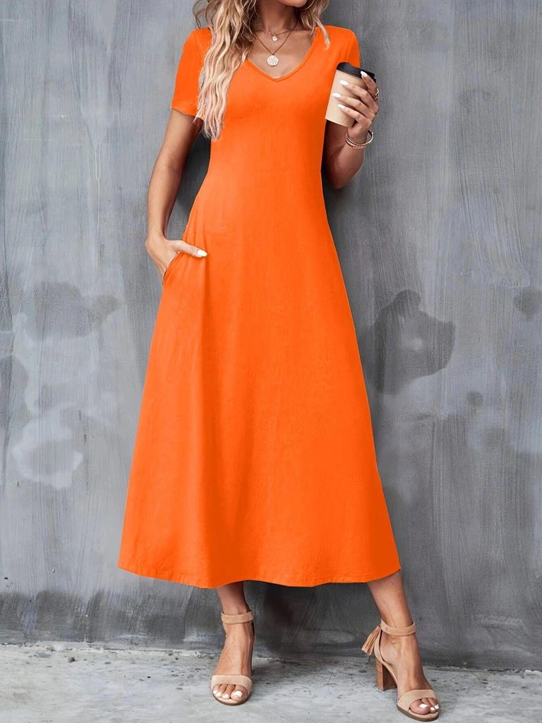 Nowa Letnia Sukienka Damska Plus Size Casual z Dekoltem w Serek, Jednokolorowa, z Krótkim Rękawem