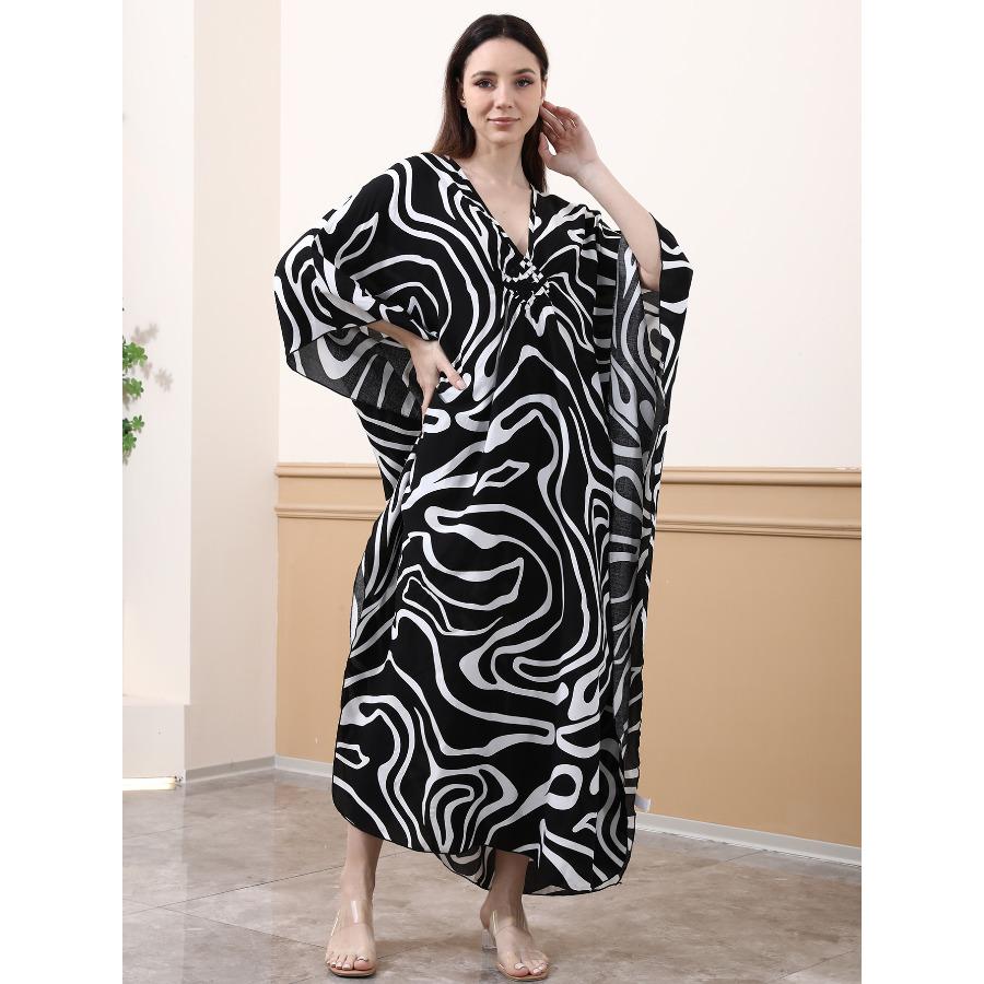 Women's Flowy Beach Maxi Dress Long Kaftan with Chest Weave Cutout, Boho Swim Cover Up 1012
