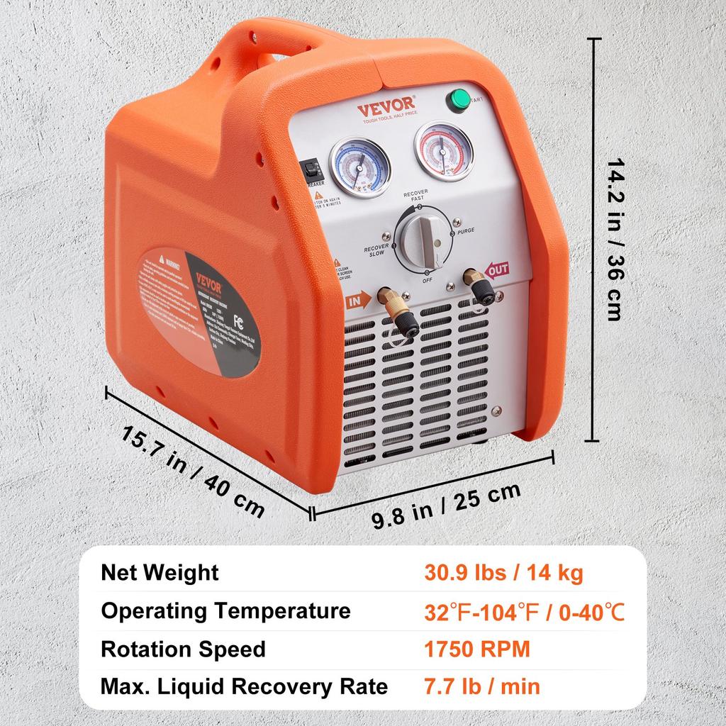 VEVOR 1 HP Refrigerant Recovery Machine - Dual Cylinder Portable AC Recovery Machine with High Pressure Protection 220-240V 50Hz Recovery Machine