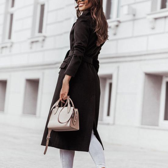 Damski płaszcz oversize w jednolitym kolorze pas jesienno-zimowy ścielenie łóżka kołnierz z rozcięciem na dole długi płaszcz do biura