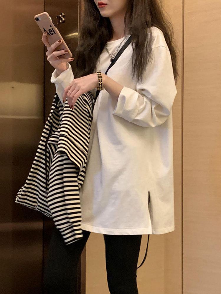 Women's Large European Style White Long-Sleeve T-Shirt - Loose Mid-Length Base Layer for Spring, Autumn, Winter.
