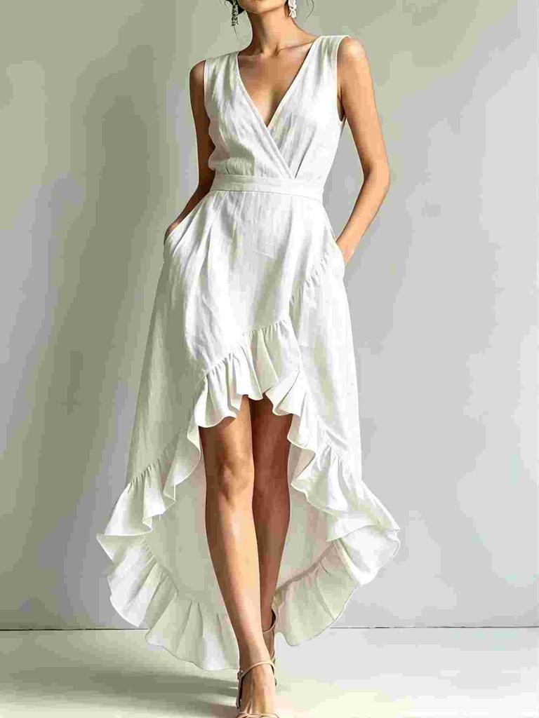 Damen V-Ausschnitt Ärmellos High-Low Rüschensaum Maxikleid Lässig Sommer Sonnentuchkleid
