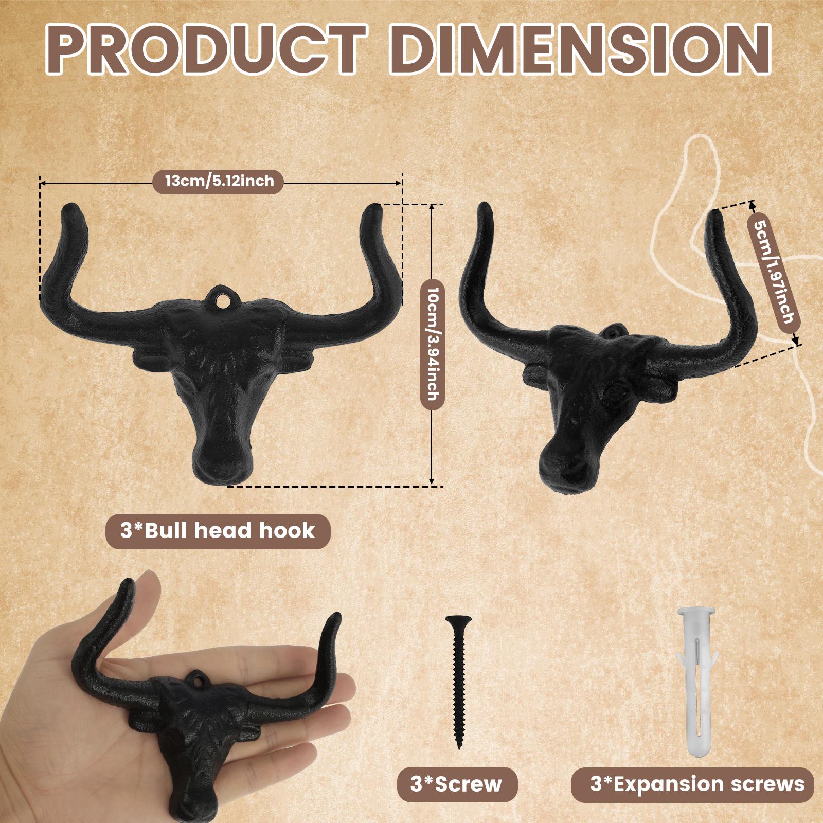 

3 шт. Наружные западные декоративные настенные крючки Сверхпрочные крючки для полотенец для ванной комнаты, прихожей, шкафа Крючки в виде коровы, быка, животного Декор для стен 3PCS One Set чёрный
