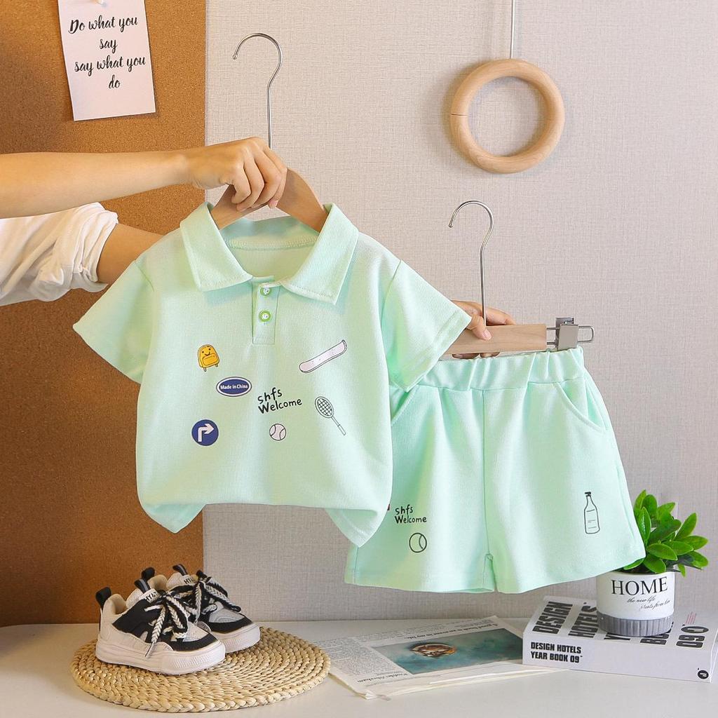 Boys' Stylish Summer Polo Shirt Two-Piece Set with Lapel Short Sleeves