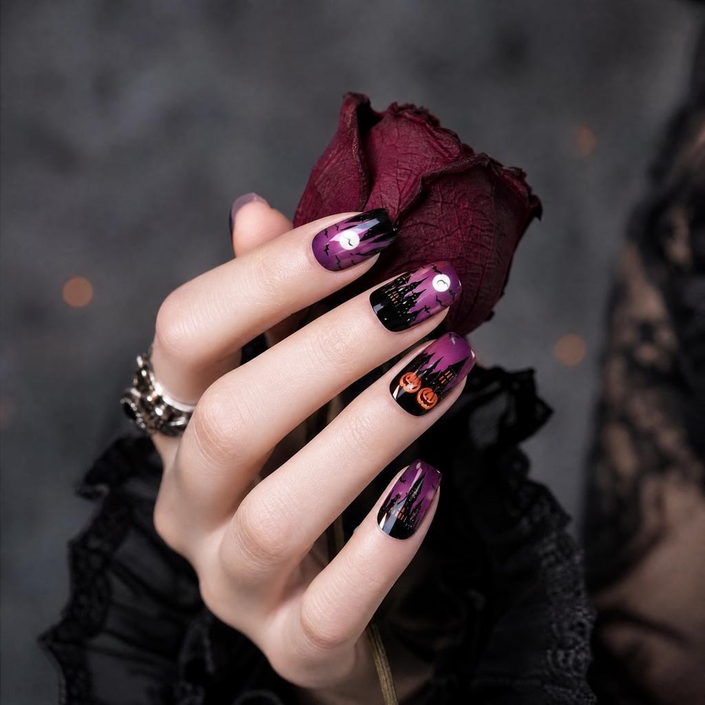 Halloween Press Nails Black Purple Pumpkin Moon Dark Gothic Pcs Removable Fake Nails No Tools Needed