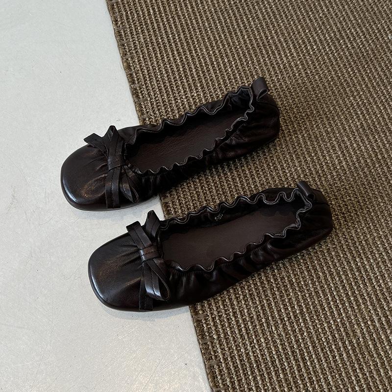 Sheepskin version~ 2025 new retro bow light mouth elastic mouth flat sole shoes women's round head ballet shoes
