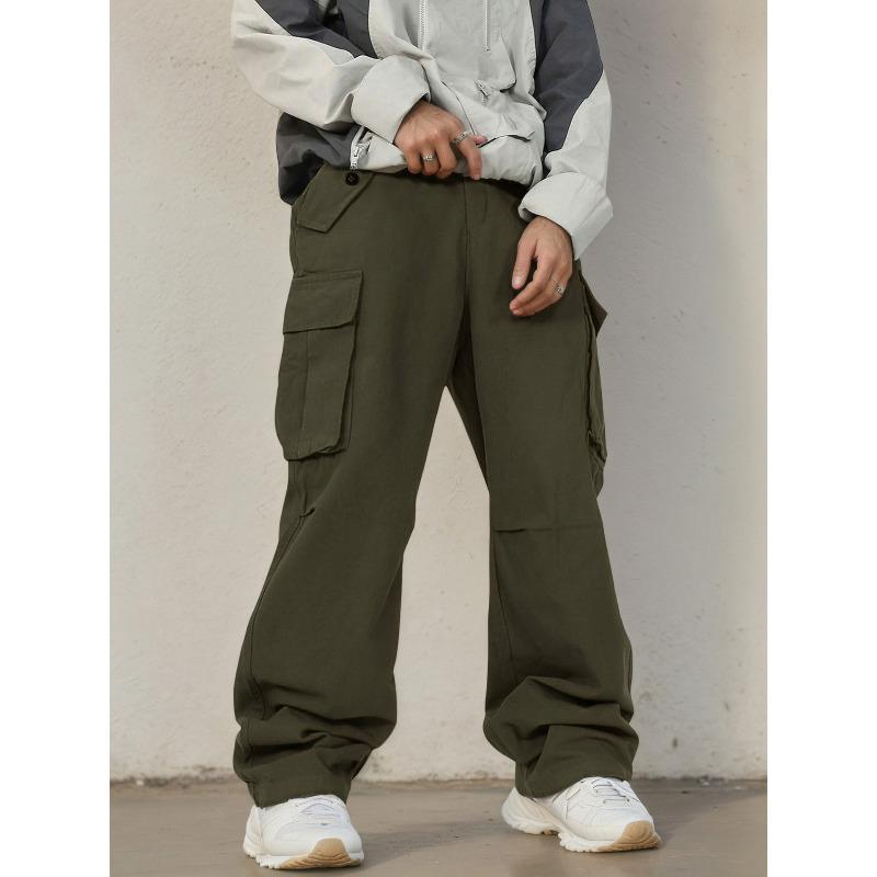 Retro Big Pocket Paratrooper Overalls Men's Fashion Straight New Loose Micro-horn Casual Pants
