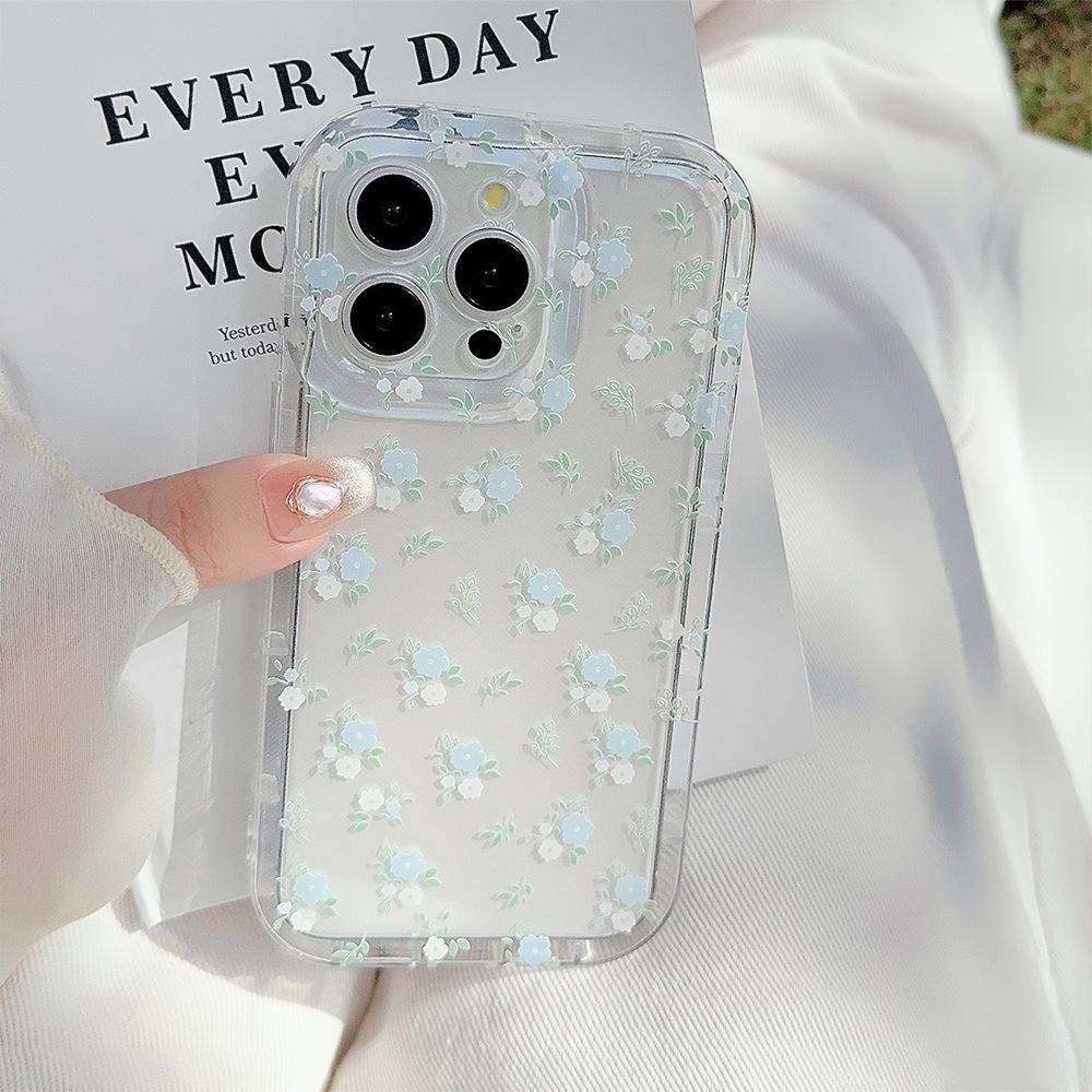 Summer Fresh Blue Floral Iphone14promax Apple 15 Mobile Phone Case 16 Suitable for 12 Transparent Lanyard