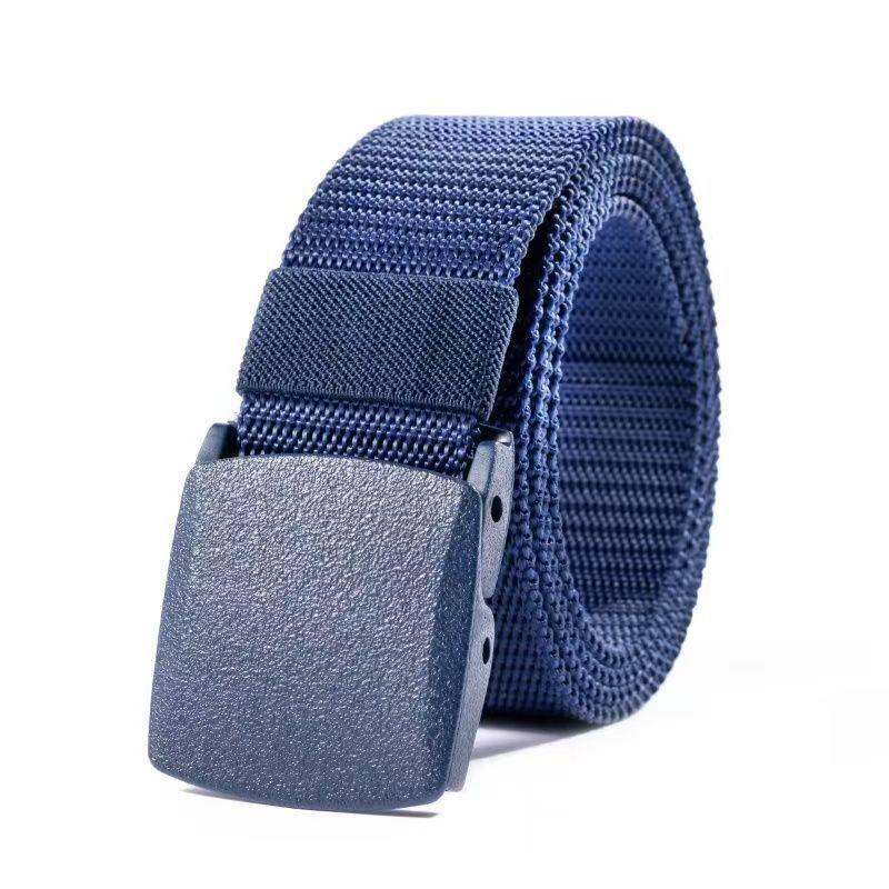 Ikke-metallisk sikkerhetsbelte i nylon med plastspenne, svart lerret og denimforlengelse, for utendørs bruk