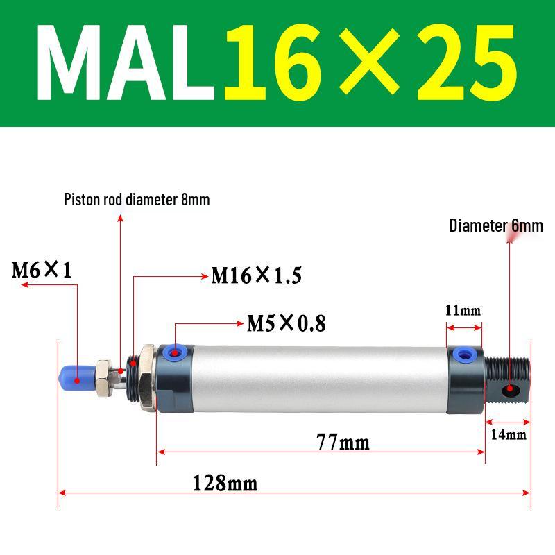 Mini Aluminum Alloy Pneumatic Cylinder - Round, Sizes 16/20/25/32/40 x 25/50/75/100/200
