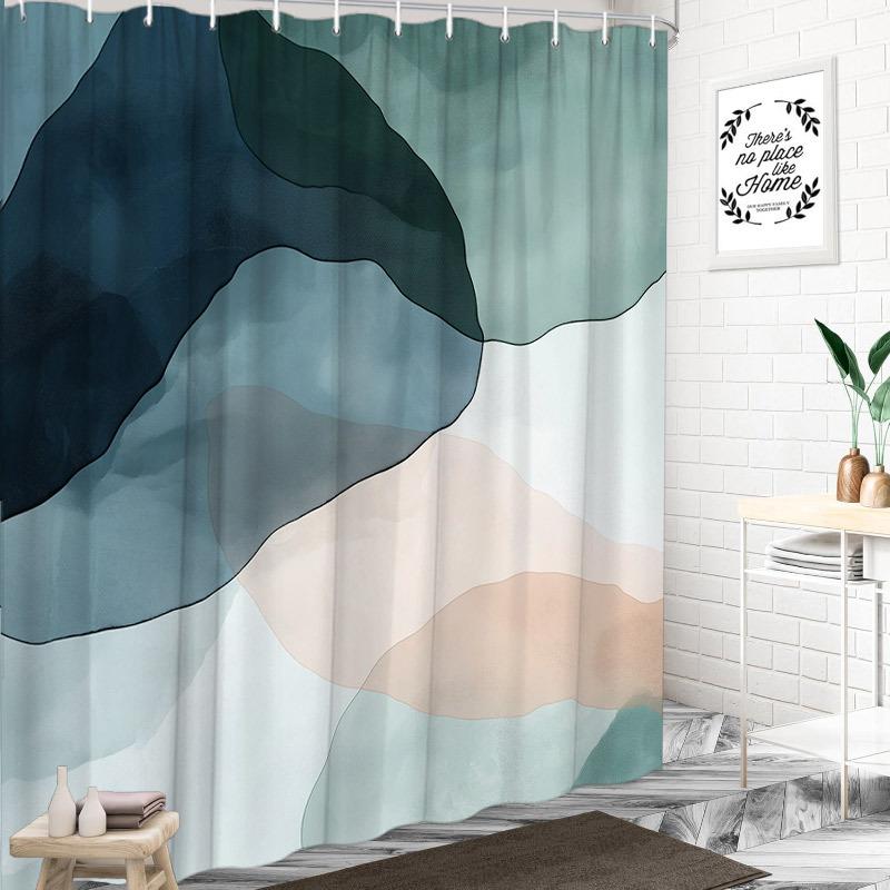 "1pc Abstract Blue Green Shower Curtain - Overlapping Layers, Fluid Shapes, Soft Watercolor, Serene & Ethereal