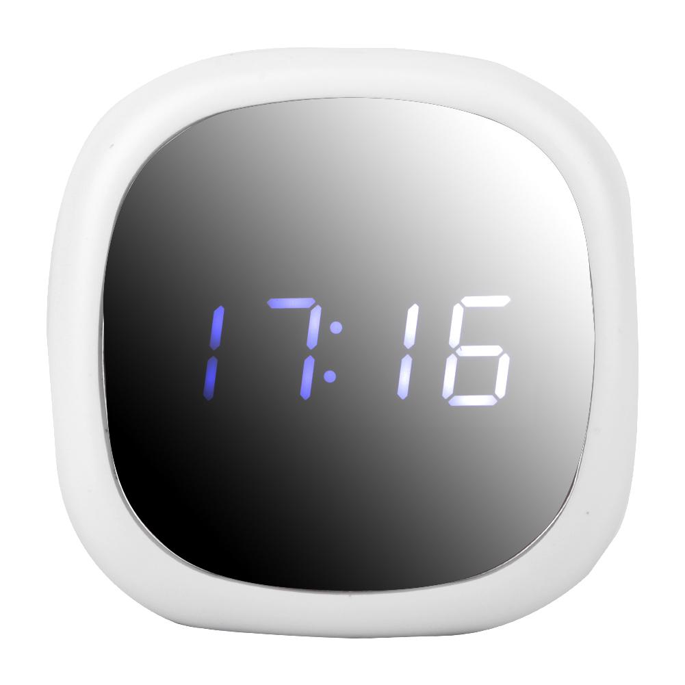 Household Multi Functional LED Alarm Clock Desktop Makeup Mirror Surface Digital Mute Clock for Bedroom(White )