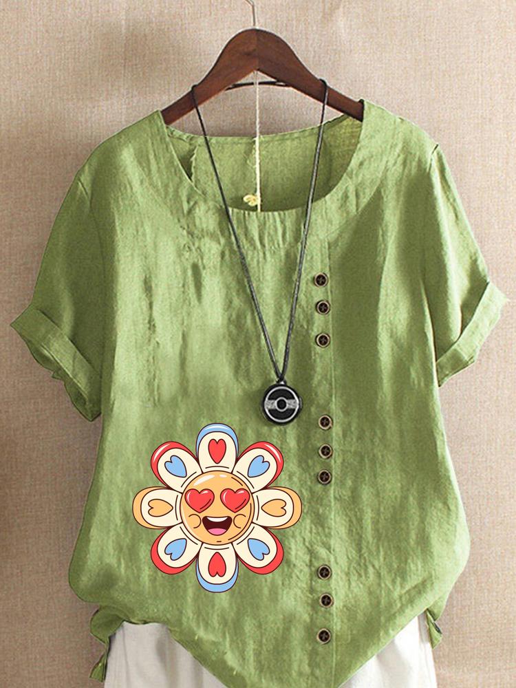 

Women s Fashion Love Petal Print Round Neck Short Sleeve T-shirt Casual Cotton Linen Graphic Shirt Leisure Loose Summer Blouse Tops 5XL зелений