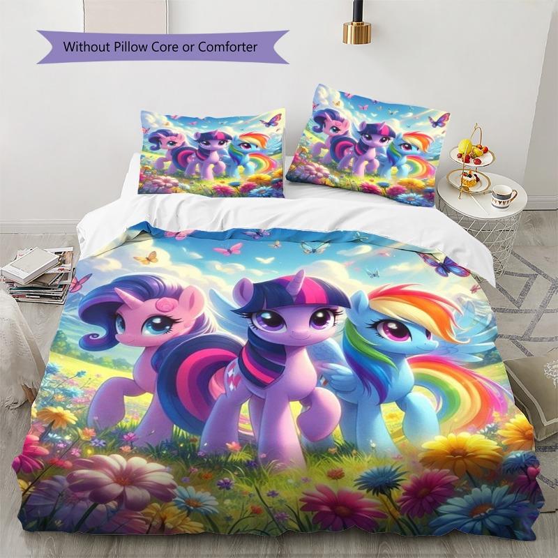 Colorful Cartoon Pony Group Wildflower Meadow Print Duvet Cover Set Soft Kids Bedding Set For Bedroom Home Decoration