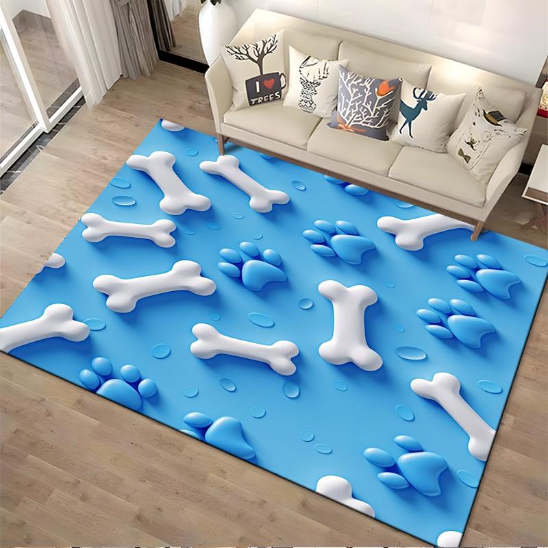 Bones and Paw Prints on Blue Rug Non-slip rug suitable for living room and bedroom sofas.