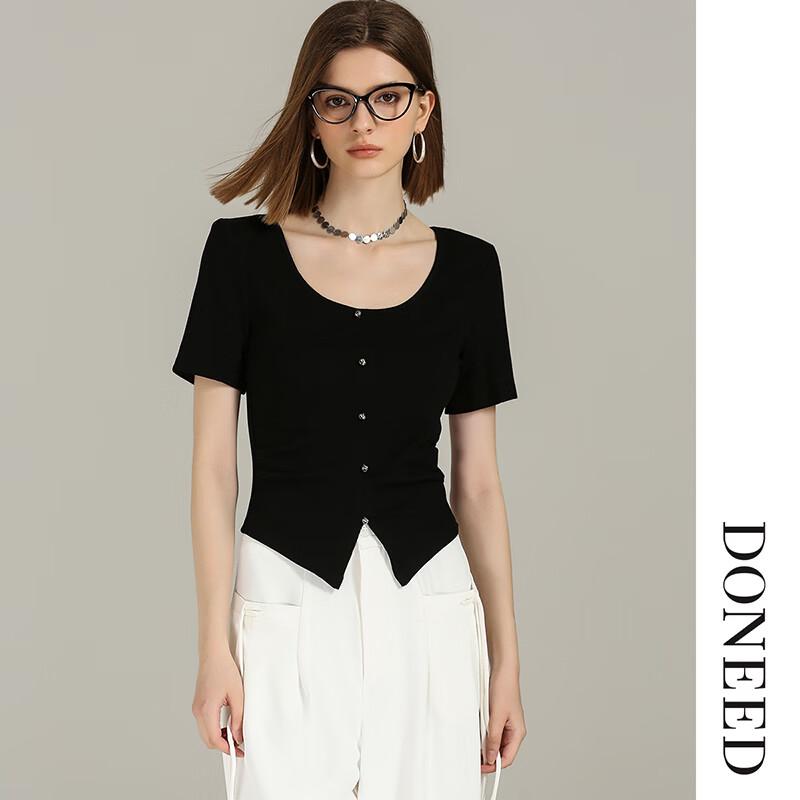 DONEED Women's Slim-Fit Solid Color Knitted Crew Neck T-Shirt