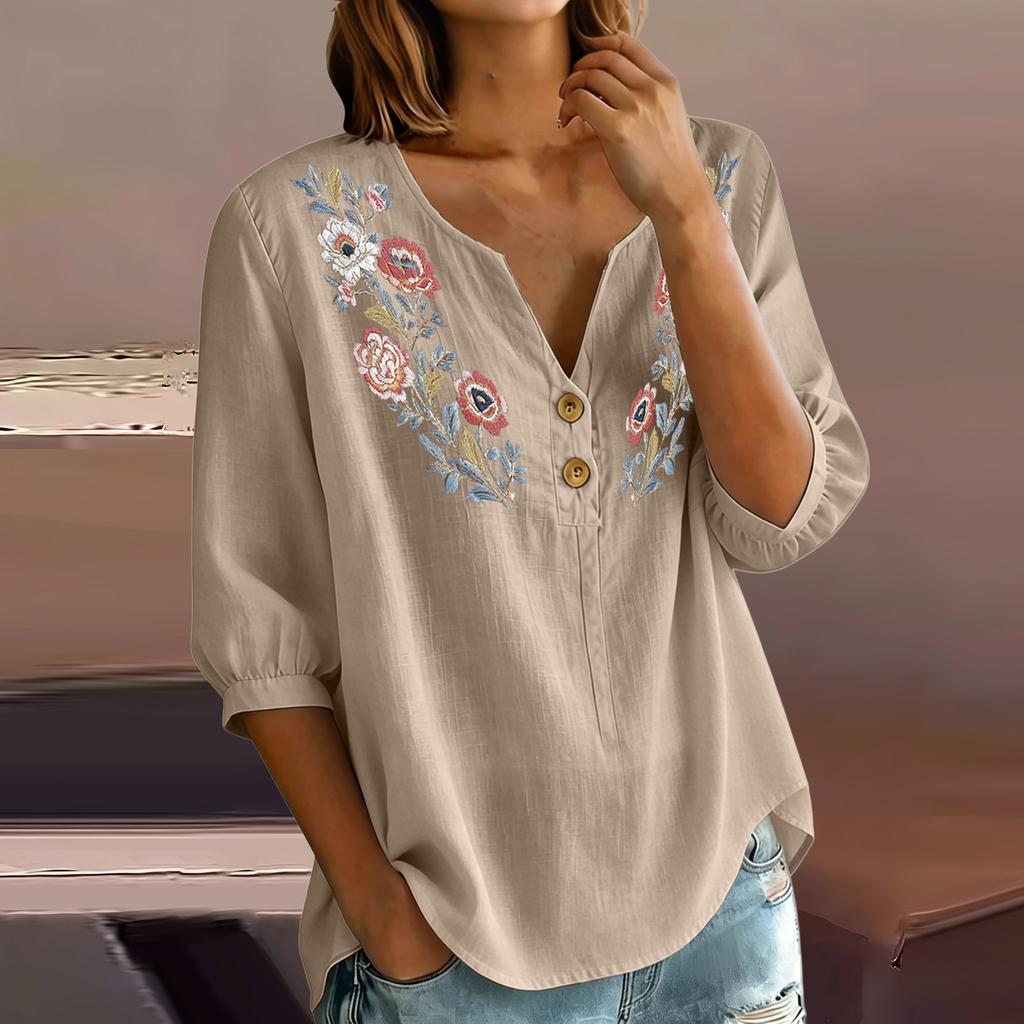 Damen Florale Stickerei Henley Knopfleiste Dreiviertelärmel Leinen Baumwolle Bluse Lässig Lockerer Schnitt Hemd