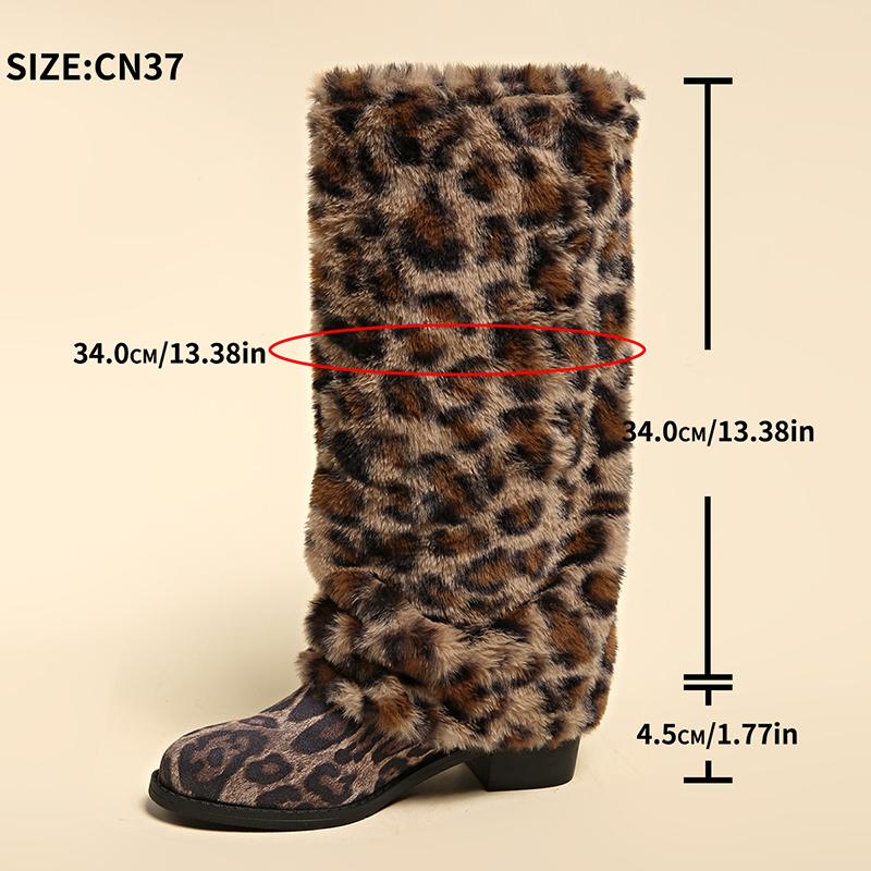 

Сапоги до колена из искусственного меха с леопардовым принтом Женские Зимняя мода Теплые Плюшевые Длинные Сапоги Женские Слипоны Массивный Каблук Акула Botas De Mujer 42 леопардовый