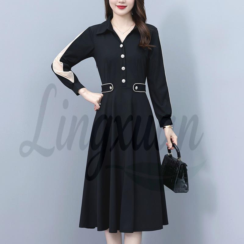

Elegant Color Block Patchwork Slim Fit Mid-Length Plus Size Long Sleeve Dress for Women - Spring/Autumn Collection L чёрный