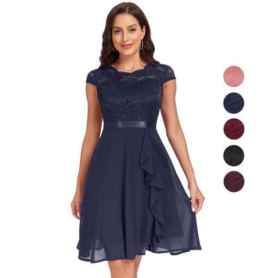 Women’s Cocktail Dresses Floral Lace Round Neck Chiffon Swing Skirt Ribbon Cinch Waist Hepburn Style Evening Dress