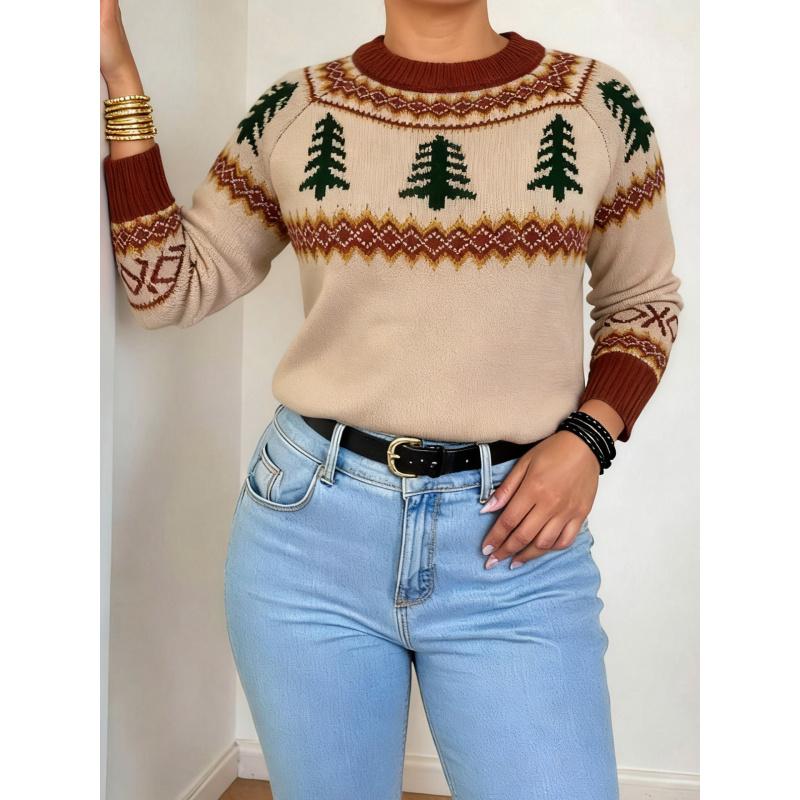 

Женский пуловер большого размера, женский праздничный жаккардовый свитер с рождественской елкой, свободный топ для женщин L абрикосовый