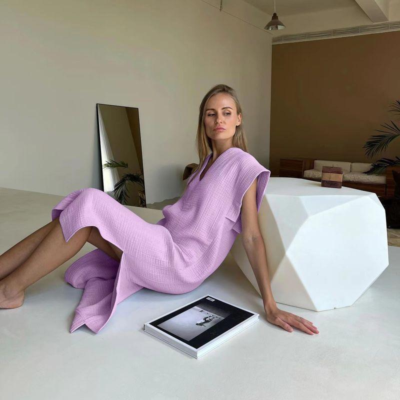 Fashion New Sleeveless Casual Loose Split Dress Pajamas V-Neck Loose Split Dress