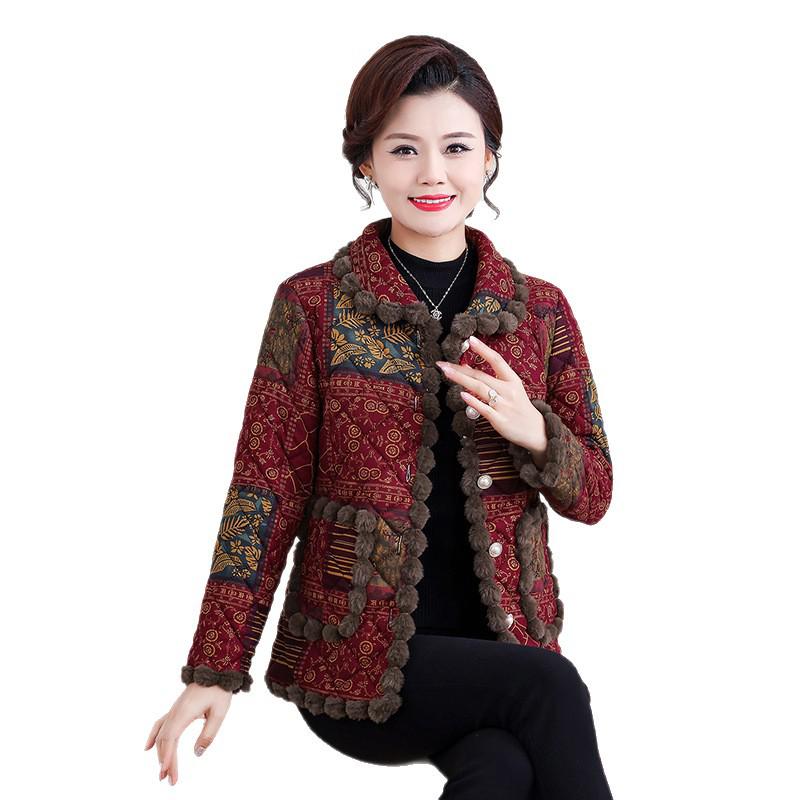 Stylish Floral Plush-Lined Cotton Jacket for Mid-Aged and Elderly Women - Warm, Loose Fit with Lapel