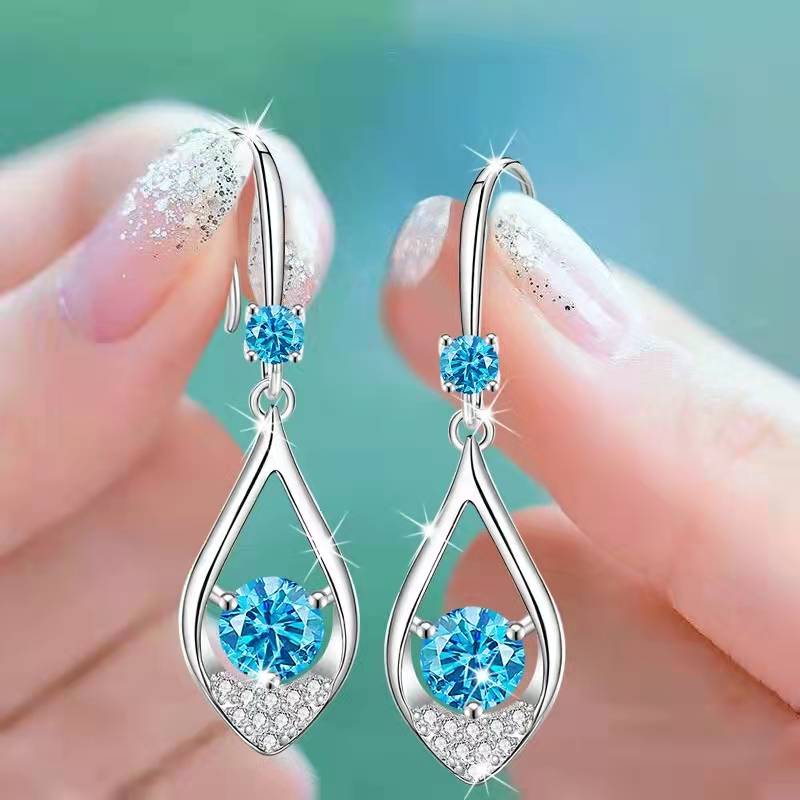 Fashion Ladies Stainless Steel Hanging Try Long Oval Crystal Diamond Sapphire Earrings Pendant Bridal Engagement Wedding Jewelry
