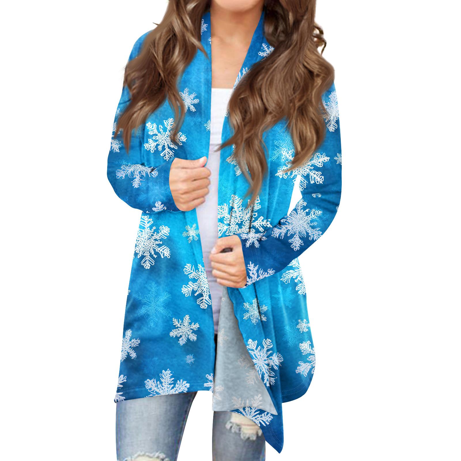 

Женский модный кардиган свободного кроя в стиле кэжуал с рождественским принтом, пальто средней длины XL синий