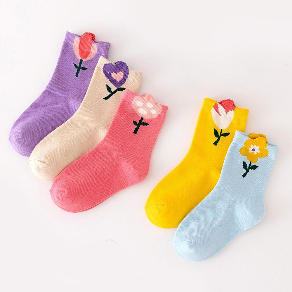 5 Pairs Girls Socks Cute Cartoon Flower Pattern Comfortable Breathable Kids Socks