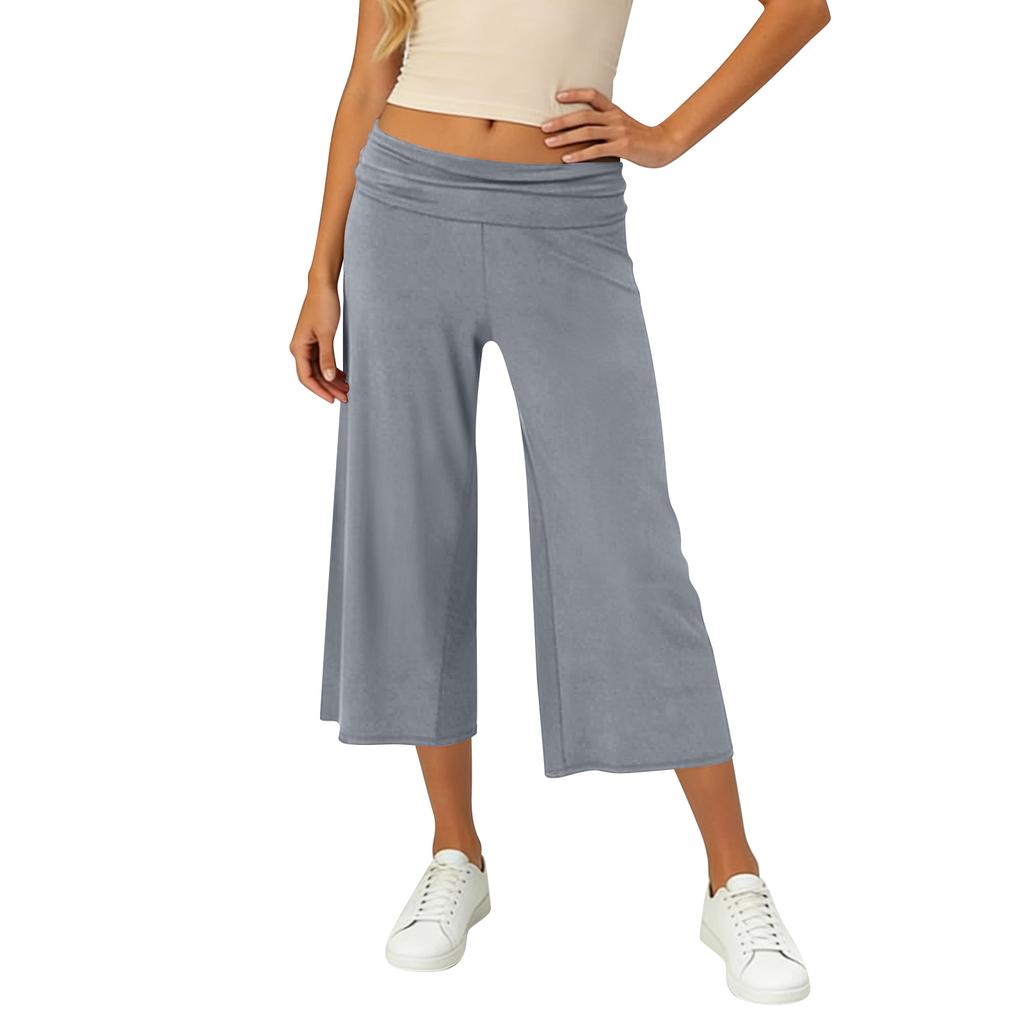 Women Elastic High Waist 3/4 Pant Casual Fit Wide Capris Leg Pants Trousers With Pockets